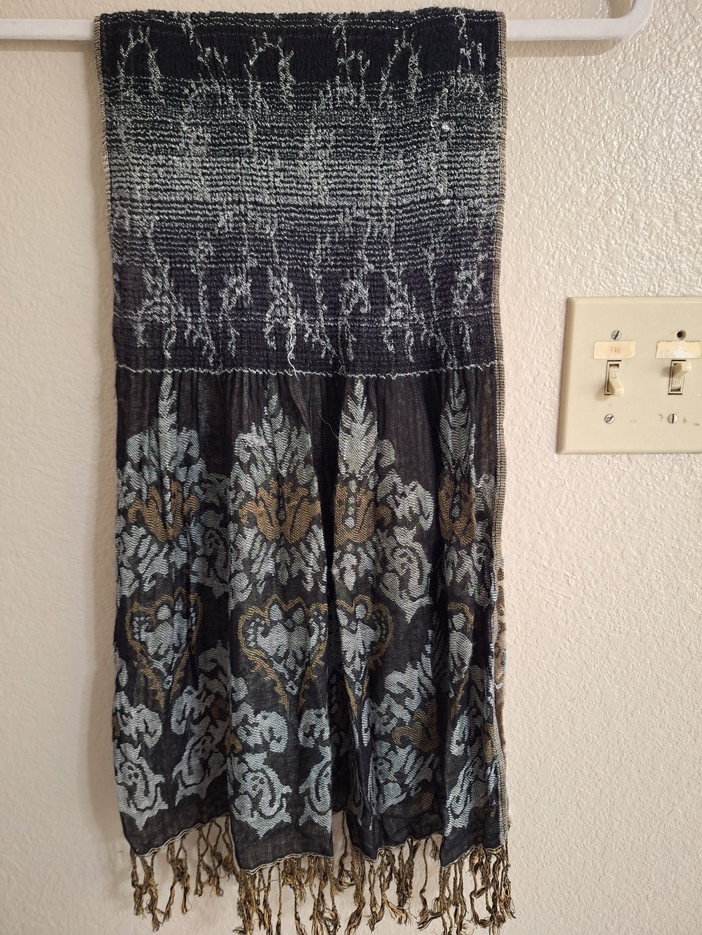Smocked Black Floral Boho Scarf Xtra Long Very Cool